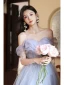Fashion Sky Blue Butterfly Appliques Pearl Prom Dresses 2023 A-Line / Princess Strapless Sleeveless Backless Floor-Length / Long Prom Formal Dresses