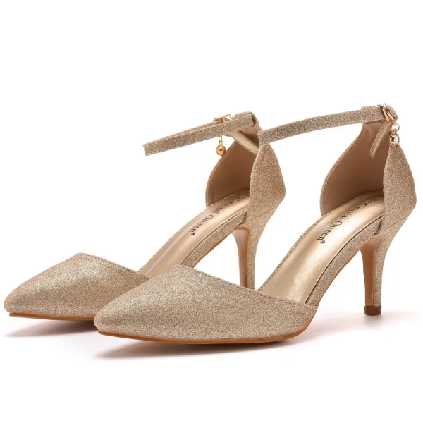 Bling Bling Gold Pailletten Abend Damenschuhe 2024 Knöchelriemen 7 cm Stilettos Spitzschuh Sandaletten Hochhackige