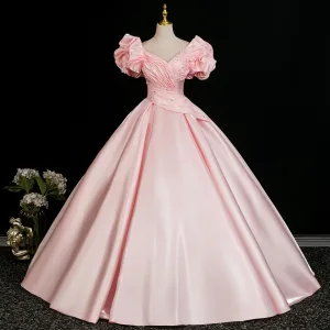 Chic Beautiful Candy Pink Satin Prom Dresses 2026 Ball Gown Scoop Neck Ruffle Short Sleeve Backless Floor Length Long Formal Dresses