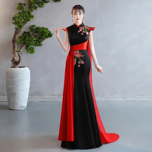 Chinese style Black Gold Lace Flower Evening Party Cheongsam 2025 Trumpet / Mermaid High Neck Cap Sleeves Floor-Length / Long Cheongsam / Qipao