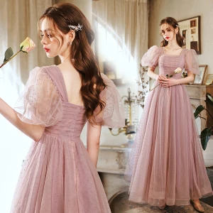 Simple Rougissant Rose Perle Robe De Bal 2022 Princesse Encolure Carrée Manches Courtes Dos Nu Longue Robe De Ceremonie