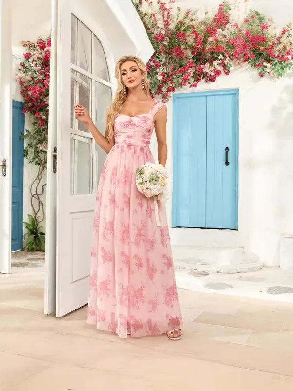 Chic / Beautiful Blushing Pink Printing Prom Dresses 2025 A-Line / Princess Spaghetti Straps Sleeveless Backless Floor-Length / Long Prom Formal Dresses
