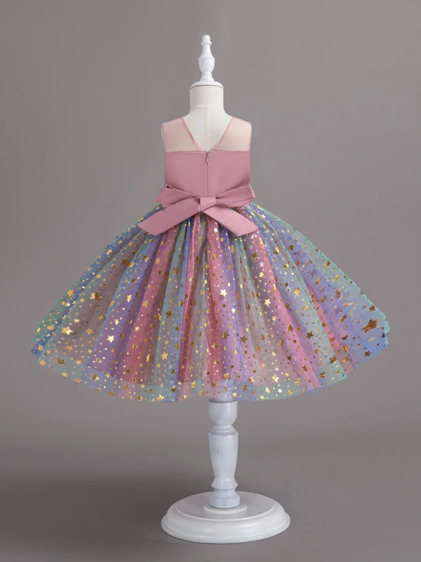 Bling Bling Blushing Pink Star Sequins Birthday Short Flower Girl Dresses 2024 Ball Gown Scoop Neck Sleeveless Bow Sash