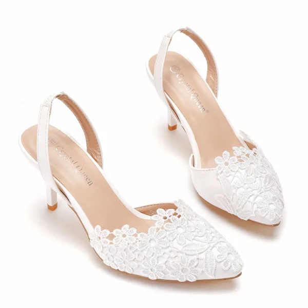 Chic / Belle Blanche En Dentelle Fleur Chaussure De Mariée 2022 7 cm Talons Aiguilles À Bout Pointu Mariage Talons Hauts