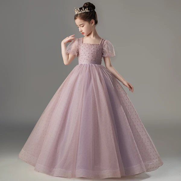 Chic / Beautiful Purple Pearl Prom Flower Girl Dresses 2022 Ball Gown Square Neckline Short Sleeve Backless Floor-Length / Long