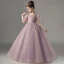 Chic / Beautiful Purple Pearl Prom Flower Girl Dresses 2022 Ball Gown Square Neckline Short Sleeve Backless Floor-Length / Long