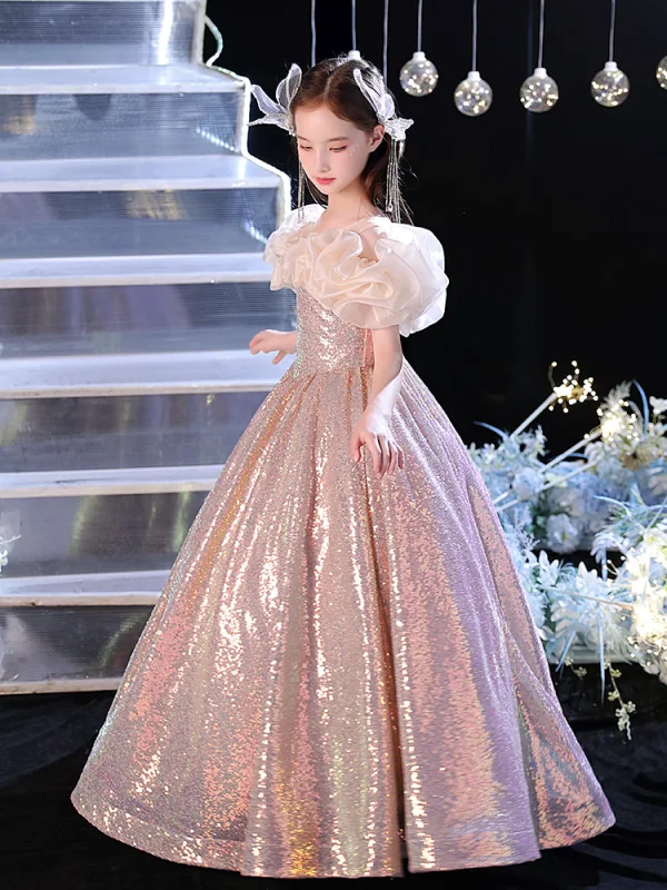 Sparkly Blushing Pink Pearl Sequins Birthday Flower Girl Dresses 2024 A-Line / Princess Scoop Neck Ruffle Short Sleeve Backless Floor-Length / Long