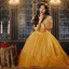 Medieval Yellow Cascading Ruffles Cosplay Prom Dresses 2025 Ball Gown Off-The-Shoulder Short Sleeve Backless Floor-Length / Long Prom Formal Dresses