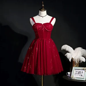 Sexy Burgundy Sequins Short Party Dresses 2024 Spaghetti Straps Sleeveless Backless Formal Dresses