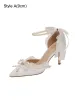 Vintage / Retro White Pearl Rhinestone Bow Wedding Shoes 2024 9 cm Stiletto Heels Pointed Toe Wedding High Heels