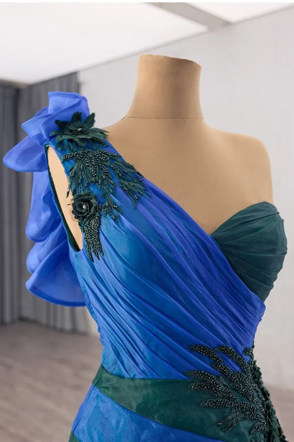 Haut de Gamme Deux tons Océan Bleu En Dentelle Fleur Appliques Robe De Bal 2025 Trompette / Sirène Une épaule Sans Manches Dos Nu Train De Balayage Tulle Robe De Ceremonie