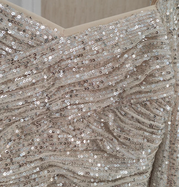 Sexy Champagne Paillettes Robe De Soirée 2023 Trompette / Sirène Encolure Carrée Manches Longues Dos Nu Thé Longueur Soirée Robe De Ceremonie
