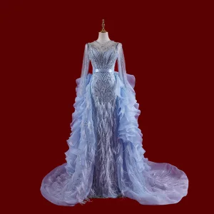 Luksus Sexy Himmelen Blå Håndlaget Dusk Beading Perle Gripende Ruffles Selskapskjoler 2023 Trompet Havfrue V Hals Langermede Feie Tog Aften
