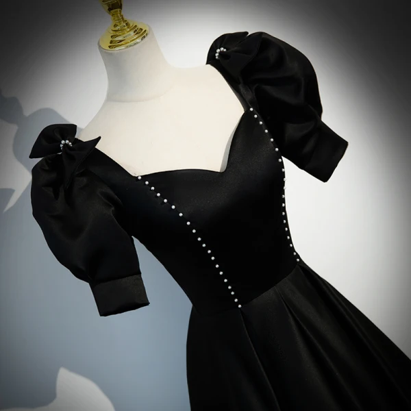 Elegant Black Evening Dresses 2023 A-Line / Princess Square Neckline Bow Puffy Short Sleeve Backless Floor-Length / Long Evening Party Formal Dresses