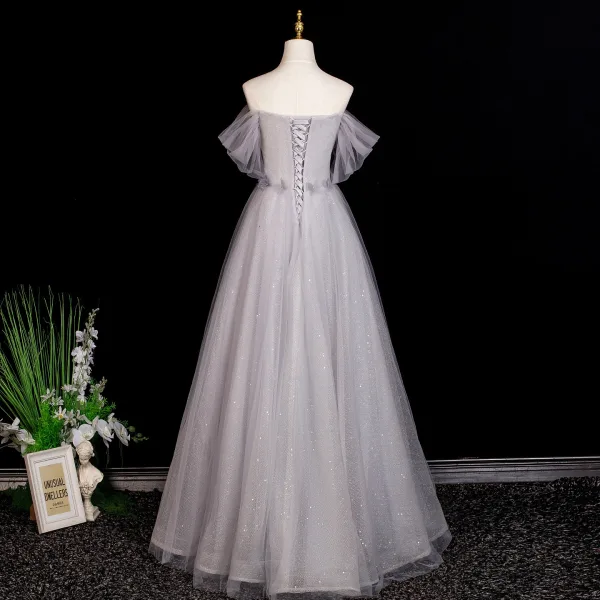 Chic / Beautiful Grey Rhinestone Appliques Prom Dresses 2025 A-Line / Princess Off-The-Shoulder Short Sleeve Backless Floor-Length / Long Formal Dresses