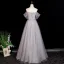 Chic / Beautiful Grey Rhinestone Appliques Prom Dresses 2025 A-Line / Princess Off-The-Shoulder Short Sleeve Backless Floor-Length / Long Formal Dresses