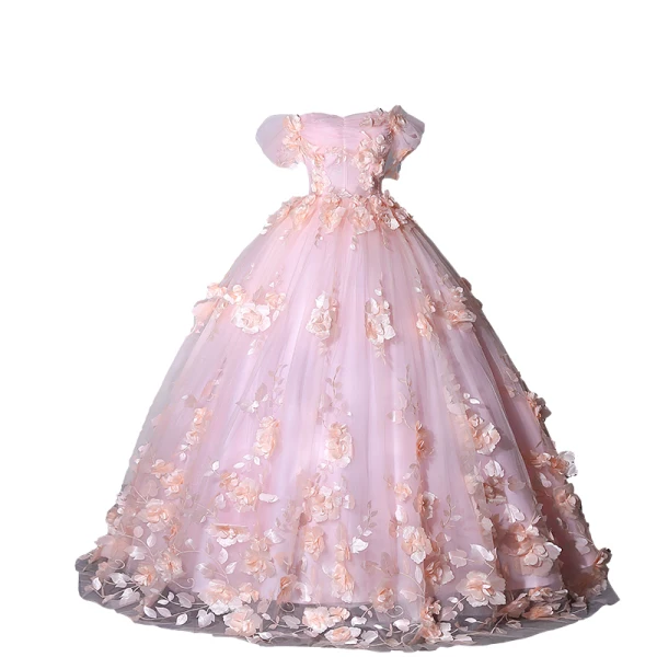 Flower Fairy Blushing Pink Appliques Prom Dresses 2023 Ball Gown Off-The-Shoulder Outdoor / Garden Short Sleeve Backless Floor-Length / Long Prom Formal Dresses