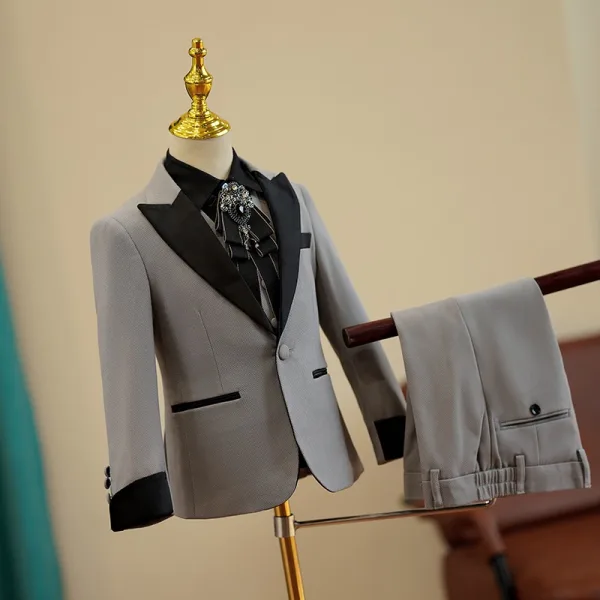 Grey Long Sleeve 5-piece Boys Wedding Suits 2024 Wedding Coat Pants Shirt Tie Vest