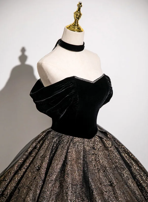 Classy Black Glitter Prom Dresses 2025 Ball Gown Off-The-Shoulder Sleeveless Backless Floor-Length / Long Prom Formal Dresses