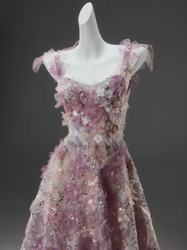 Flower Fairy Luxury / Gorgeous Candy Pink Handmade  Beading Sequins Appliques Prom Dresses 2025 A-Line / Princess Spaghetti Straps Sleeveless Backless Floor-Length / Long Formal Dresses