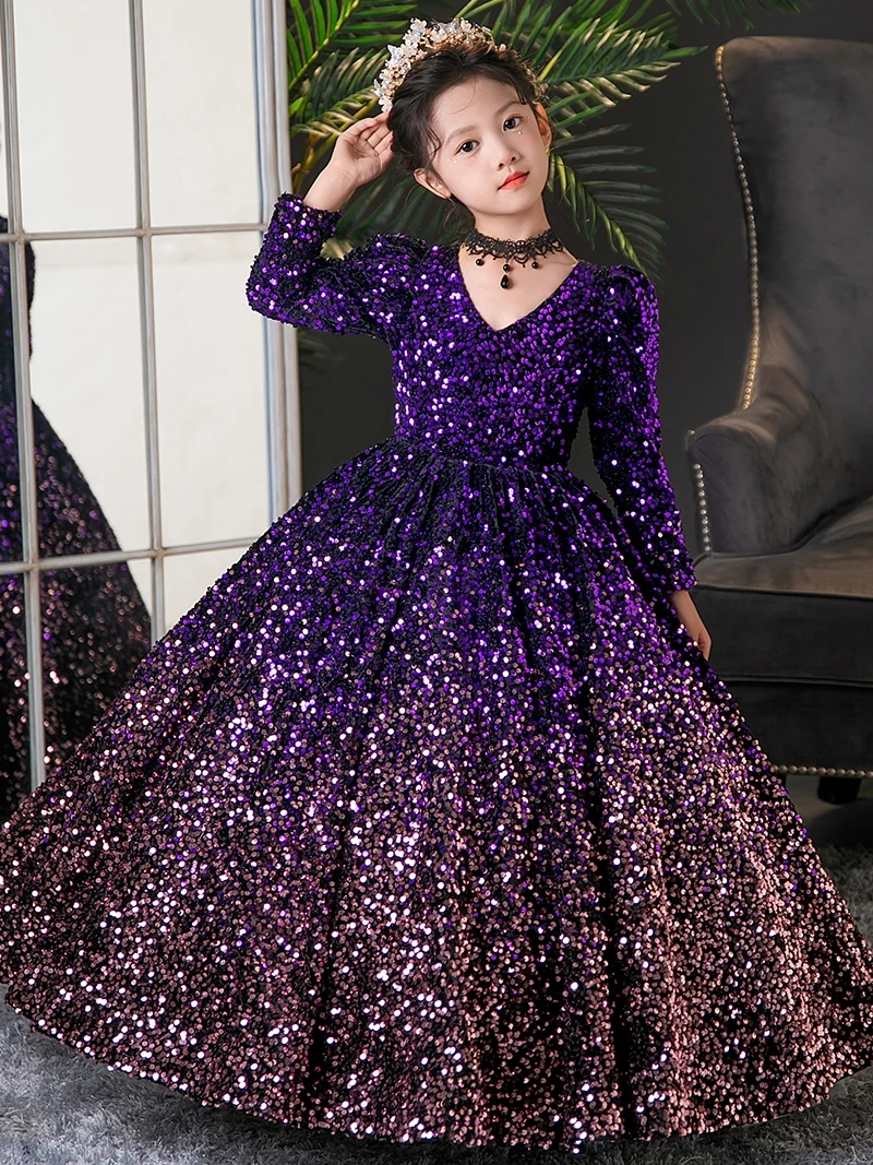 chinese dress ladies Formal Long Sleeve Sequin Purple Evening Dress XJ1573