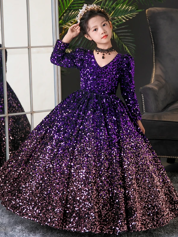 Sparkly Purple Sequins Birthday Flower Girl Dresses 2024 Ball Gown V-Neck Long Sleeve Floor-Length / Long