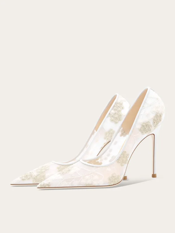Elegant White Embroidered Lace Wedding Shoes 2025 10 cm Stiletto Heels Pointed Toe Wedding Pumps High Heels