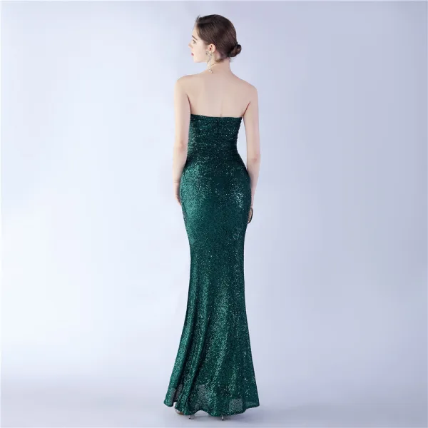 Sexy Argenté Paillettes Fendue devant Robe De Soirée 2024 Trompette / Sirène Bustier Sans Manches Dos Nu Longue Soirée Robe De Ceremonie