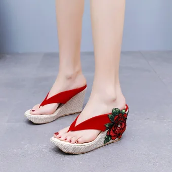 Bohemia Red Summer Beach Embroidered Flower Womens Sandals 2024 9 Cm Wedges Open Peep Toe Sandals