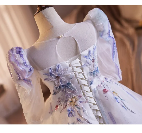 Chic / Belle Lavande Perlage En Dentelle Fleur Anniversaire Robe Ceremonie Fille 2025 Robe Boule Encolure Dégagée 3/4 Manches Dos Nu Longue Tulle
