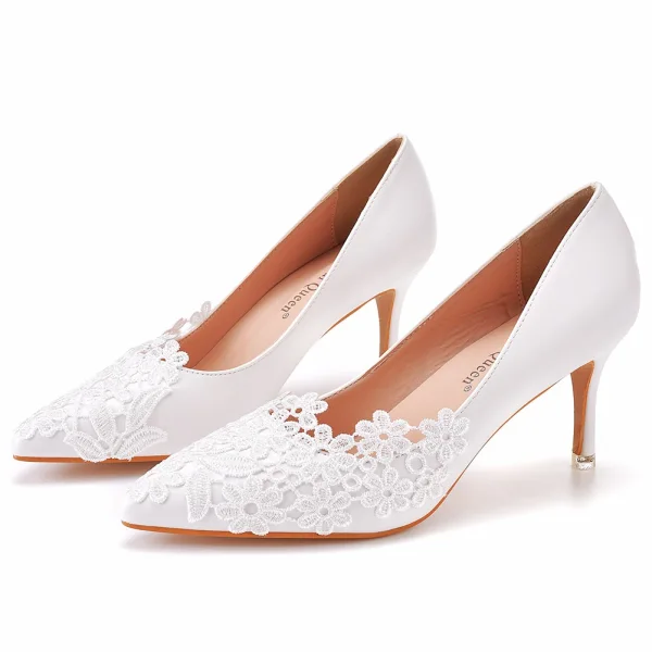 Elegant White Lace Flower Wedding Shoes 2023 7 cm Stiletto Heels Pointed Toe Wedding Pumps High Heels Wedding Shoes