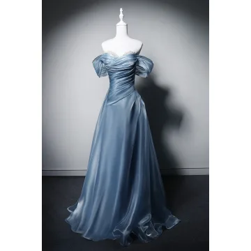 Chic Beautiful Sky Blue Handmade Pearl Prom Dresses 2026 A Line Princess Off The Shoulder Short Sleeve Backless Floor Length Long Formal Dresses