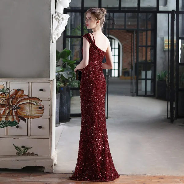 Scintillantes Noire Paillettes Robe De Soirée 2022 Trompette / Sirène Une épaule Sans Manches Dos Nu Longue Soirée Robe De Ceremonie