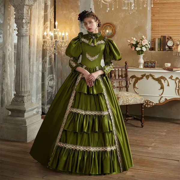 Vintage / Originale Vert Foncé Noeud Robe De Bal 2024 Robe Boule Col Haut Manches Longues Longue Promo Robe De Ceremonie