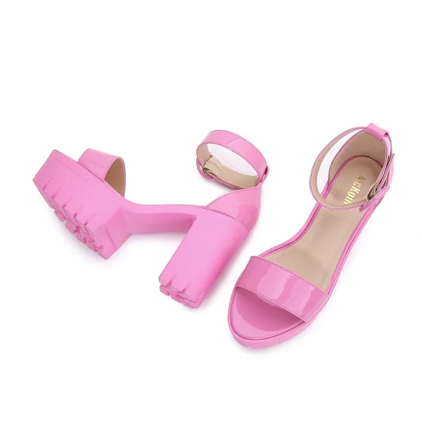 Fashion White Summer Evening Party Patent Leather Womens Sandals 2022 Ankle Strap 10 cm Thick Heels Open / Peep Toe Sandals High Heels
