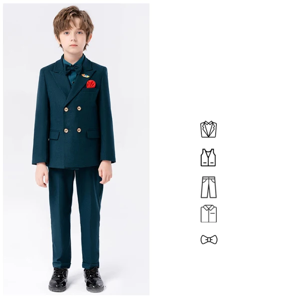 Navy Blue 5-piece Long Sleeve Polyester Boys Wedding Suits 2024 Coat Pants Shirt Tie Vest
