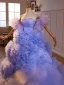 Fashion Lavender Cascading Ruffles Prom Dresses 2024 Ball Gown Off-The-Shoulder Puffy Short Sleeve Backless Court Train Prom Formal Dresses
