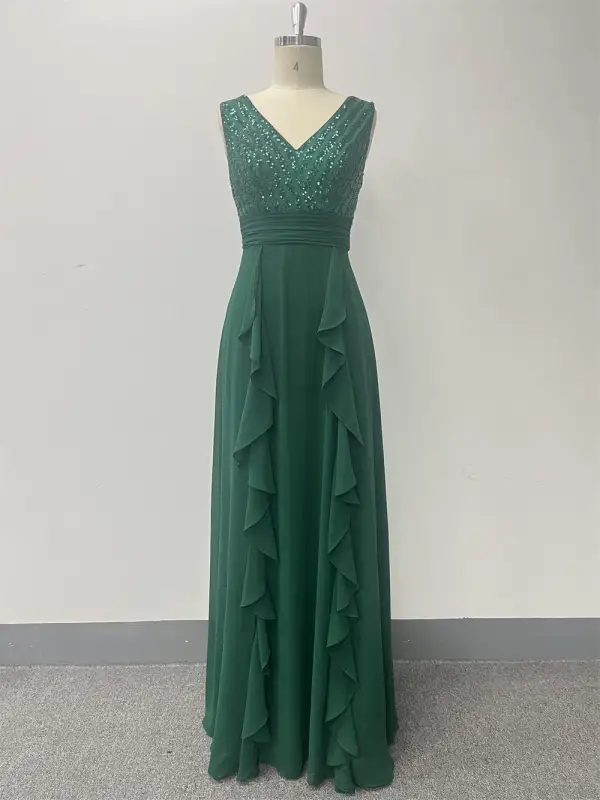 Modest Simple Dark Green Sequins Chiffon Prom Dresses 2024 A-Line Princess V-Neck Long Modest Simple Dark Green Sequins Chiffon Prom Dresses 2024 A-Line Princess V-Neck Long