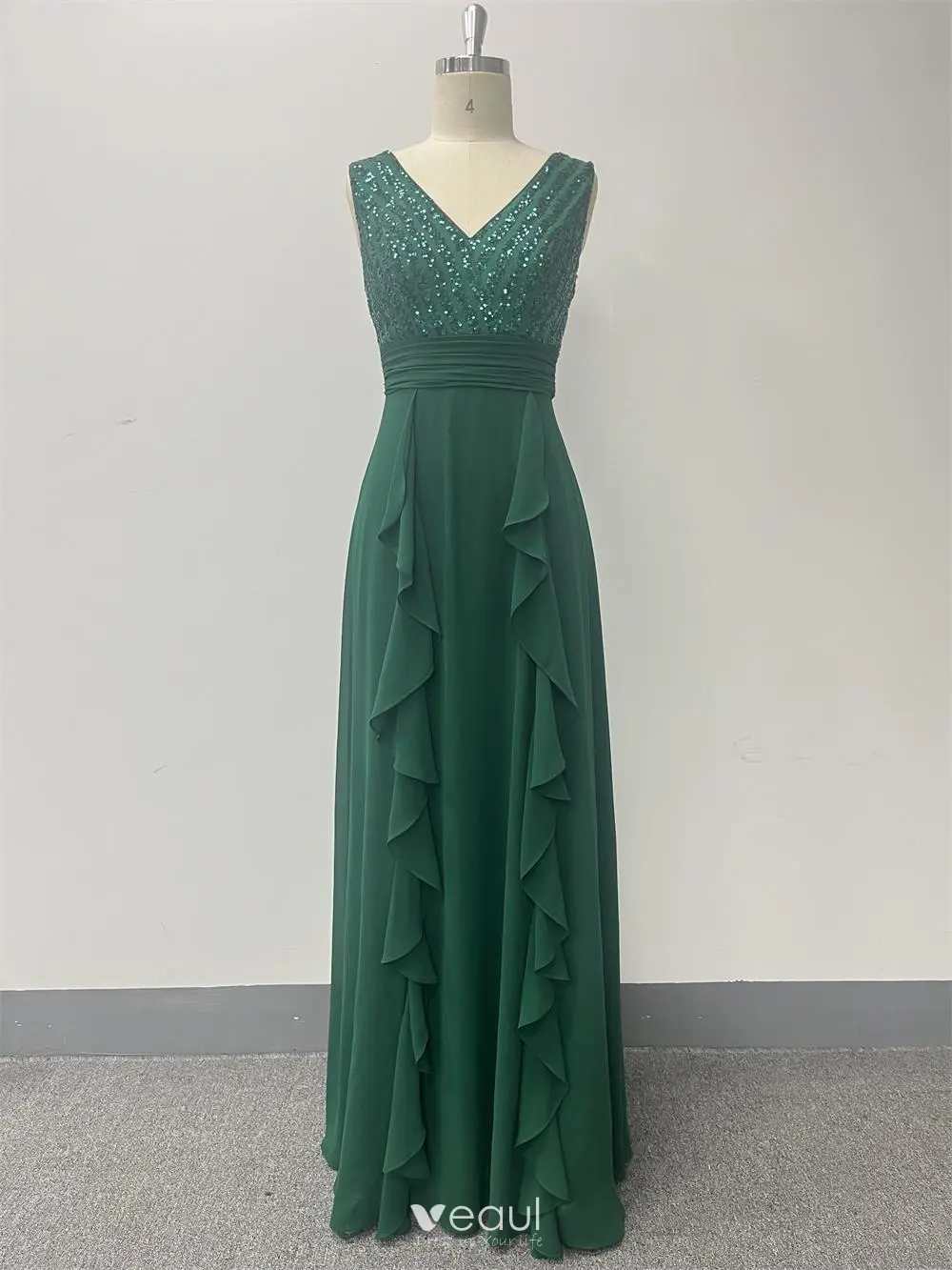 Modest Simple Dark Green Sequins Chiffon Prom Dresses 2024 A-Line Princess V-Neck Long