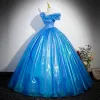 Cinderella Chic / Beautiful Pool Blue Butterfly Appliques Prom Dresses 2023 Ball Gown Ruffle Off-The-Shoulder Short Sleeve Backless Floor-Length / Long Prom Formal Dresses