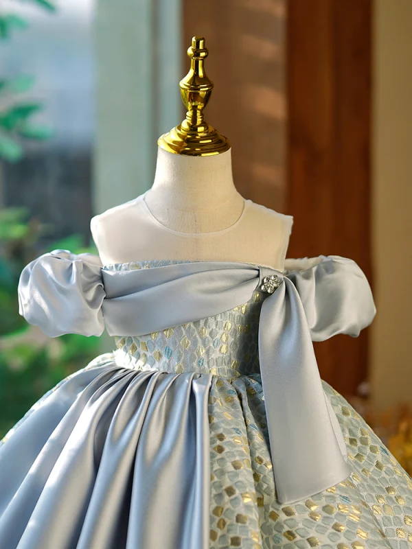 Fashion Silver Grey Birthday Short Flower Girl Dresses 2023 Ball Gown Scoop Neck Puffy Short Sleeve