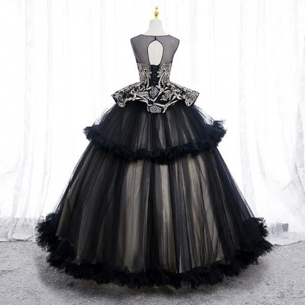 Elegant Black Sequins Lace Flower Prom Dresses 2022 Ball Gown Scoop Neck Sleeveless Backless Floor-Length / Long Prom Formal Dresses