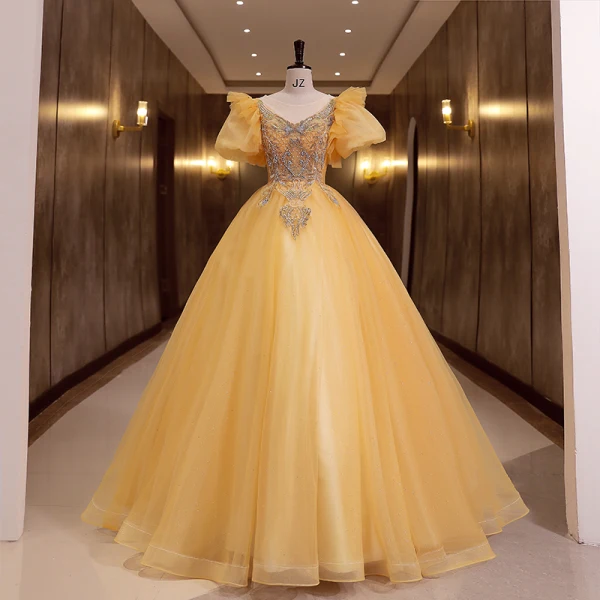 Elegant Yellow Prom Dresses 2022 Ball Gown Scoop Neck Puffy Short Sleeve Beading Pearl Sequins Backless Floor-Length / Long Prom Formal Dresses