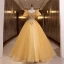 Elegant Yellow Prom Dresses 2022 Ball Gown Scoop Neck Puffy Short Sleeve Beading Pearl Sequins Backless Floor-Length / Long Prom Formal Dresses