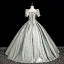 Demure Grey Satin Prom Dresses 2025 Ball Gown Square Neckline Short Sleeve Backless Bow Floor-Length / Long Prom Formal Dresses