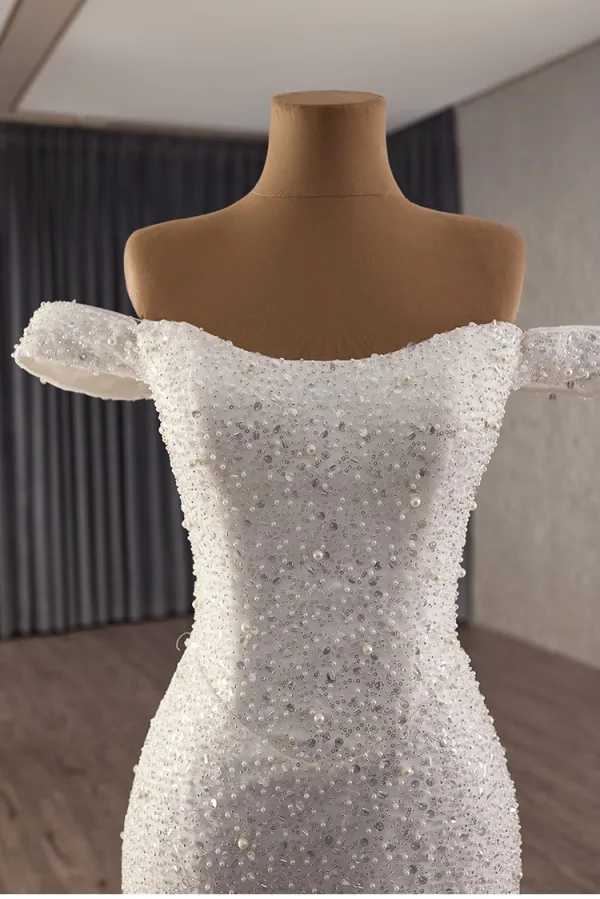 Luxe Blanche Fait main Perlage Perle Paillettes Robe De Mariée 2025 Trompette / Sirène De l'épaule Sans Manches Dos Nu Chapel Train Mariage