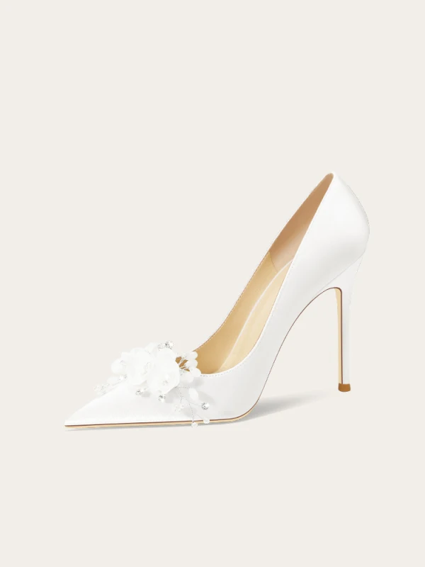 Chic Blanche Faux Diamant Appliques Chaussure De Mariée 2024 Cuir 10 cm Talons Aiguilles À Bout Pointu Mariage Escarpins Talons Hauts