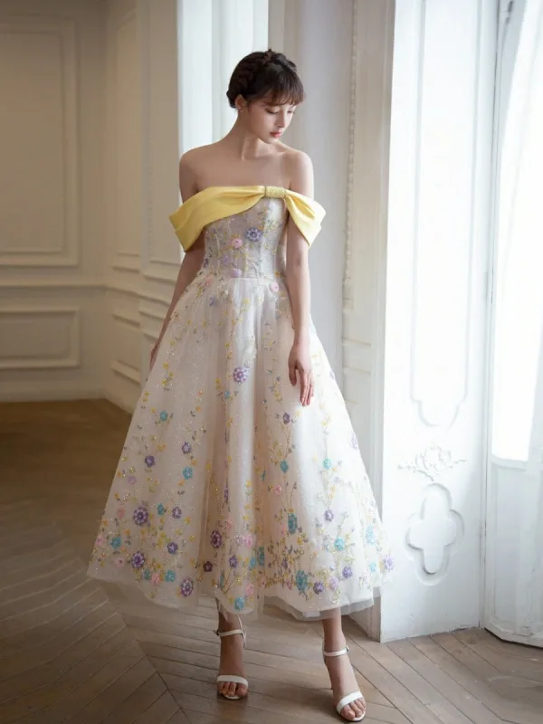 Flower Fairy Multi-Colors Sequins Homecoming Graduation Dresses 2024 A-Line / Princess Off-The-Shoulder Sleeveless Backless Tea-length Formal Dresses
