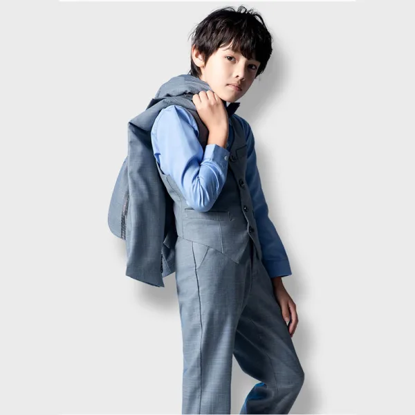 Fashion Navy Blue 5-piece Long Sleeve Boys Wedding Suits 2022 Coat Pants Shirt Tie Vest Wedding