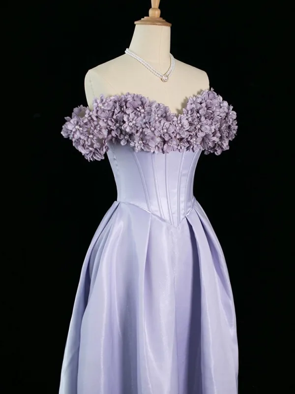 Chic / Beautiful Lavender Pearl Appliques Satin Prom Dresses 2024 A-Line / Princess Off-The-Shoulder Sleeveless Backless Floor-Length / Long Prom Formal Dresses